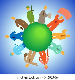 Cartoon people on planet. Vector illustration