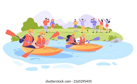 Cartoon people on river bank watching kayak race. Persons with paddles in boats kayaking or rafting, racing on boats flat vector illustration. Water sports, competition, active lifestyle concept