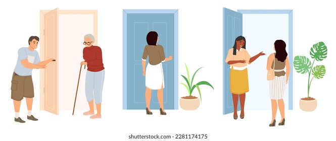 Cartoon people opening doors, entering, exiting vector scene set. man and woman of different age at doorways and entrances illustration. Characters going through house and office entries