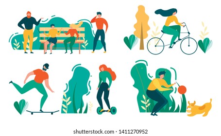 Cartoon People Outdoors Activity. Man and Woman Talk on Bench, Park Walk, Cycling, Ride Skateboard Hoverboard, Play with Dog Pet Vector Illustration. People Recreation Sport Training Healthy Lifestyle