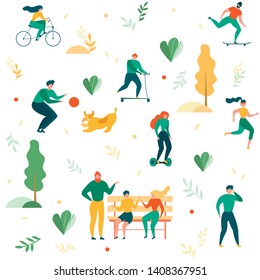 Cartoon People Outdoors Recreation in Park Seamless Pattern. Man and Woman Talk, Walk, Cycling, Ride Skateboard and Hoverboard, Play with Dog Vector Illustration. Sport Activity Healthy Life