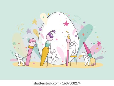 Cartoon people painting Easter eggs. Holiday greeting card with decorative bright egg. Art vector concept.