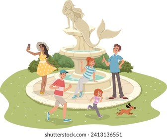 Cartoon people in the park around a water fountain.