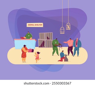 Cartoon people and pets in animal shelter. Flat vector illustration. Volunteers caring about dogs and cats, families adopting homeless pets sitting in cages. Animal, pet, adoption, care concept