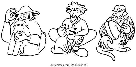 cartoon people with pets in doodle style.template for poster advertising print design.people in lines