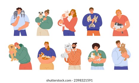 Cartoon people with pets. Men and women holding cute cats, person hugging dogs, owners playing with animals on white background. Vector set. Characters with adorable kittens and puppies