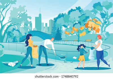 Cartoon People Pick Littter In Bags In City Park Vector Illustration. Man Cleaning River From Garbage. Woman Collect Trash, Girl Help. Volunteer Activist Work. Environment Nature Pollution Problem