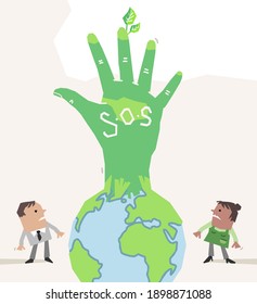 Cartoon people and planet Earth, Rising Up a Hand with S.O.S sign- paper-cut style