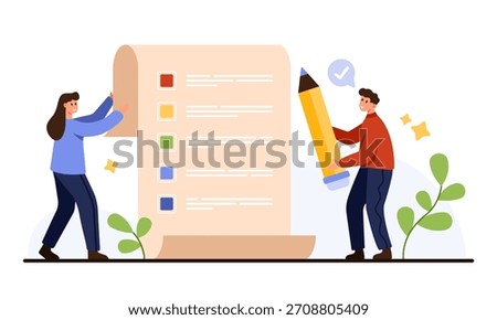 Cartoon people planning and checking tasks on a large colorful to do list concept for productivity, organization, reminders, and daily planning isolated on white background vector illustration