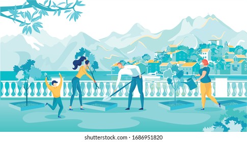 Cartoon People Plant Trees in City Park Vector Illustration. Woman Holding Sapling, Man with Shovel Dig, Boy Help. Volunteer Water Tree. Voluntary Community Initiative. Environment Protection