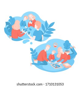 Cartoon People playing a board game with cards. Friends and family spend time together at home during quarantine. Self-isolation activity and Indoors hobby for kids vector illustration