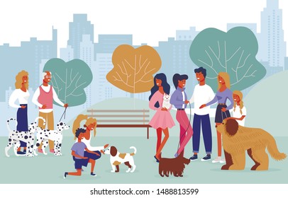 Cartoon People Playing with Dogs on Walk in Park. Mother with Son Training Puppies. Old Man and Woman Walking Dolmatins. Friends Pets Owner Meeting. Domestic Animals Outdoors. Vector Flat Illustration
