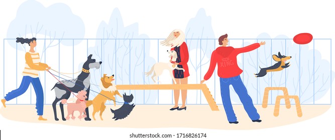 Cartoon people playing with dogs on playground outside isolated on white , illustration, vector. Happy friends walking together with pet, animal, in urban park outdoor. Man and woman happy activity