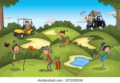 Cartoon people playing golf. Golf course with people having fun.
