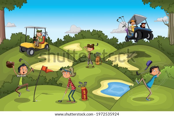 Cartoon people playing golf. Golf course with\
people having fun.\
