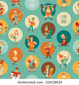 Cartoon people playing sports seamless pattern. Vector illustration