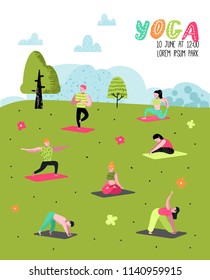 Cartoon People Practicing Yoga Poster, Banner. Man and Woman Stretching, Training. Fitness Workout, Healthy Lifestyle. Vector illustration