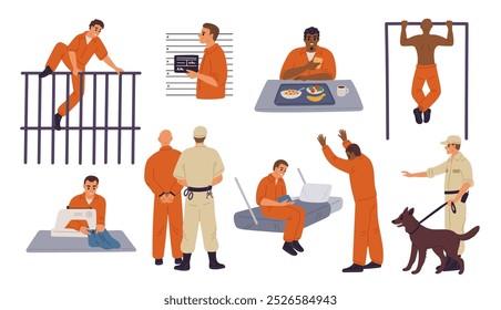 Cartoon people in prison. Prisoner characters. Men in orange jumpsuits. Lawbreakers serving time. Wardens and guards. Jail detention cells. Convicted guys. Garish vector