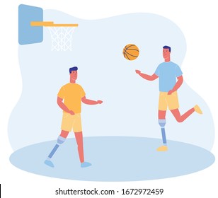 Cartoon People with Prosthetic Leg Play Basketball Vector Illustration. Man with Prosthesis Sport Training Basket Ball Game. Medical Rehabilitation, Handicapped Person Exercise, Paralympic Match