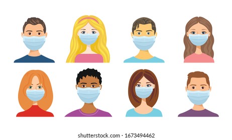 Cartoon people in protective surgical masks isolated on white background. Men and women of different races and hair colors. Protection against viruses and bacteria. Vector flat illustration, icon.  