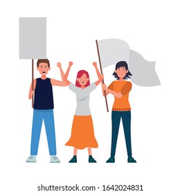 cartoon people protestanting holding flag and sign over white background, vector illustration