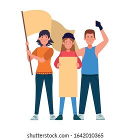 cartoon people protestating with blank posters over white background, colorful design, vector illustration