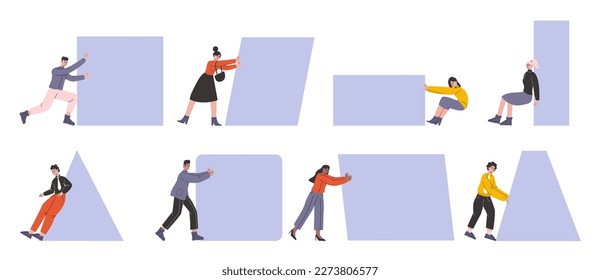 Cartoon people pushing shapes. Men and women with big different primitive geometric figures. Persons move with effort squares and triangles. Striving for goal. Vector