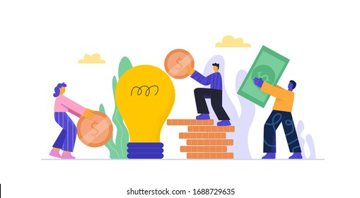 Cartoon people putting money to bulb piggy bank investment into idea or business startup isolated on white. Colorful man and woman working as team crowdfunding concept vector flat illustration