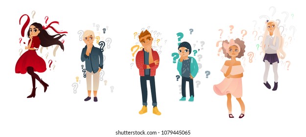 Cartoon people with questions set. Young cute caucasian women with ribbon in hair, men thinking. Male female characters standing thoughtful pose holding chin questions above head. vector illustration