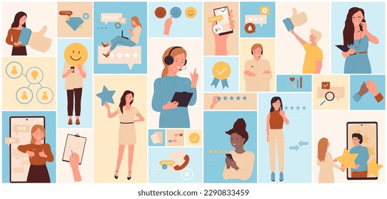 Cartoon people rate experience, clients vote for product or service in social media, square collage background. Feedback, credibility concept. Customers support and review set vector illustration