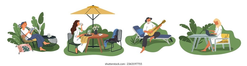 Los caricaturistas se relajan en el jardín. Hombres y mujeres en patios paisajistas. Muebles de jardín acogedores o elementos. Niña comiendo en la mesa bajo el paraguas. Tipo con portátil o libro