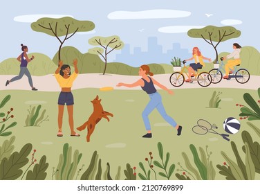 Cartoon people relaxing in park. Girls playing with dog pet on lawn. Female friends riding bicycle with baskets. Woman running outdoor. Active and healthy lifestyle outside vector