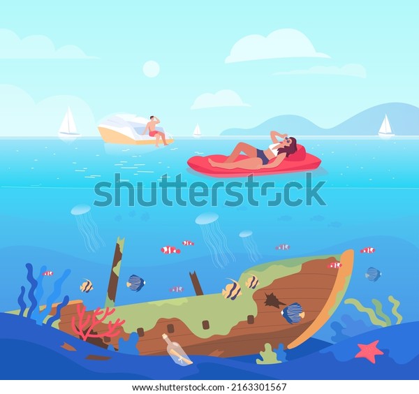 Cartoon people relaxing at sea and sunken boat\
underwater. Shipwreck, ship on bottom of ocean flat vector\
illustration. Exploration, summer, vacation, adventure concept for\
banner or landing web\
page