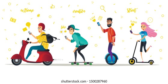 Cartoon People Ride Ecological Transport City Street Vector Illustration. Man on Unicycle, Monocycle, Skateboard, Bike. Woman on Scooter Hold Mobile Phone, Social Media. Extreme Creative Activity