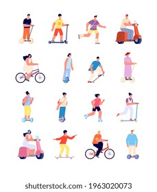 Cartoon people ride. Man on bicycle, urban lifestyle activity. Isolated person riding bike, sport travellers on electric motorbike utter vector characters