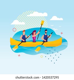 Cartoon People Rowing on Canoe. Slalom Kayak Events. Outdoors Water Sports Recreation on Summer Vacation. Male and Female Canoeist Paddlers Rafting. Happy Summertime and Rest. Vector Flat Illustration