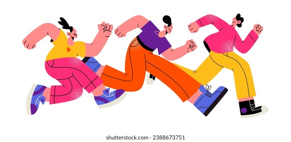 Cartoon people run fast. Active characters are in a hurry to run errands and go to work. Team runners men and women. Vector flat retro illustration