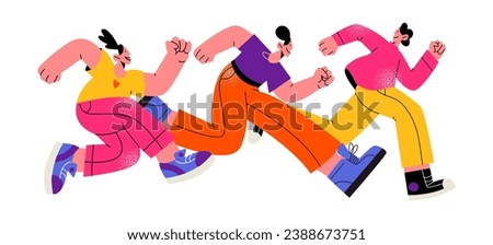 Cartoon people run fast. Active characters are in a hurry to run errands and go to work. Team runners men and women. Vector flat retro illustration