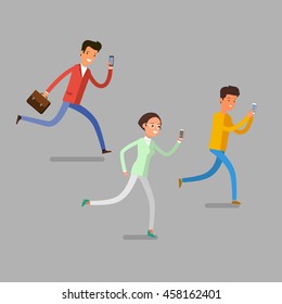 Cartoon people run with mobile phones. Modern lifestyle. Flat design, vector illustration.