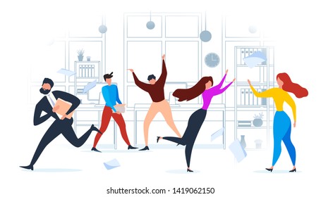 Cartoon People Run in Office. Alarm Deadline Pressure Vector Illustration. Busy Businessman, Woman Stress Problem, Unhappy Man Worker. Room Interior Computer Paper Stack Table. Paperwork Overload