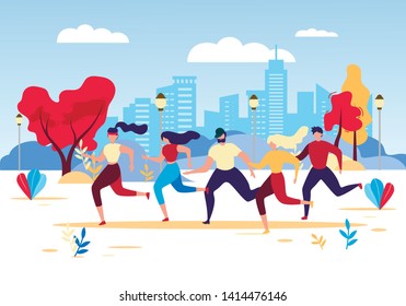 Cartoon People Run in Park. Sport Competition Vector Illustration. Man Woman Group Jogging Outdoors. City Street Marathon. Healthy Lifestyle, Physical Training, Cardio Workout, Active Leisure