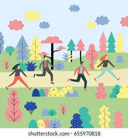 Cartoon people running in a colorful forest. Abstract flat vector illustration