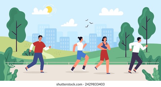 Cartoon Menschen laufen Rennen im Park, Sommer Outdoor-Aktivitätskonzept. Vektor des Marathons, Cartoon-Sport-Übung, gesundes Outdoor-Workout, aktive Trainings-Illustration