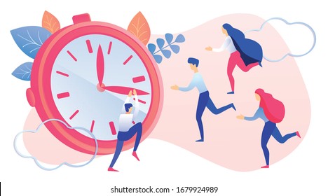 Cartoon People Running to Red Timer Vector Illustration. Man Climb Clock Face with Moving Hands. Stop Countdown Deadline Symbol Work Delay. Time Management Productivity Control Problem