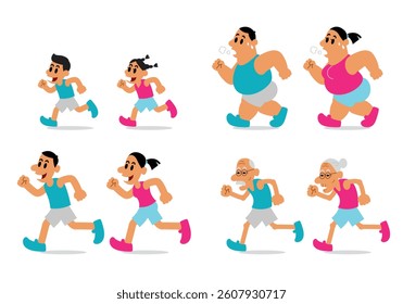 Cartoon of people running, there are young people, children and old people.
