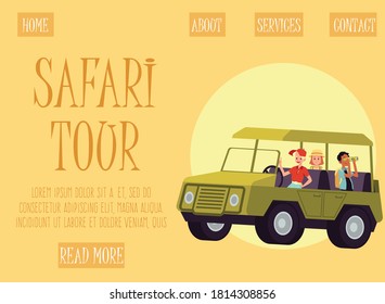 Cartoon People In Safari Tour Truck - Website Banner Template For African Wildlife Tourism Expedition. Vector Illustration Of Tourists On Vehicle.