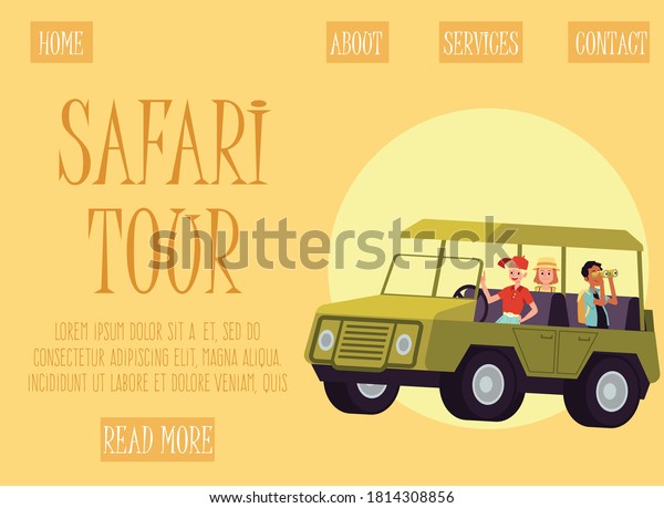 Cartoon people in safari tour truck - website\
banner template for African wildlife tourism expedition. Vector\
illustration of tourists on\
vehicle.
