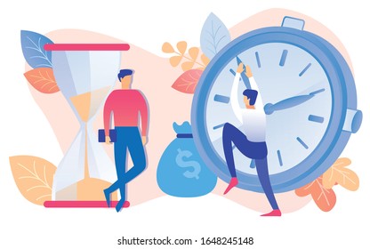 Cartoon People with Sandglass Timer Vector Illustration. Businessman Watch Man Stop Moving Hands on Clock. Project Finish Date Discussion. Deadline Term Planning Problem. Time Management Work Control