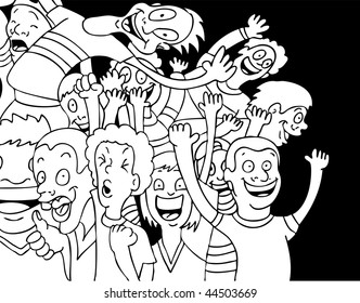 Cartoon of people screaming and shouting with excitement.