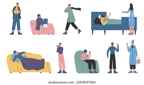 Cartoon people with seasonal flu medical symptoms. Sneezing men. Coughing women lying on bed. Catarrhal and viral diseases. Doctors check patients health. Vector fatigue